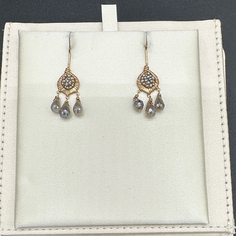 Elegant Fluorite Gold and Gray Dangle Earrings